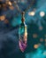 Mystical crystal pendant glowing against a bokeh background