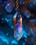 Mystical crystal pendant glowing against a sparkling blue background