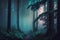 Mystical dark forest with fog and ferns. Halloween concept
