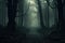 Mystical dark forest with fog. Horror Halloween concept. 3D Rendering, A dark forest with lots of trees covered in fog, AI