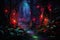 Mystical dark forest with glowing neon lights,