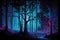 Mystical dark forest with glowing trees and fog. Halloween background