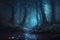 Mystical dark forest at night with fog. 3d rendering