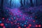 Mystical dark forest with red and blue lanterns and roses