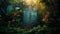 Mystical Dawn: Surrealistic Turquoise Door amidst Lush Tropical Plants