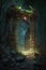 Mystical door in the dark forest, 3D illustration.