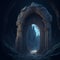 Mystical door in the form of an arch in a dark cave.