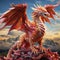 A mystical dragon, crafted with fiery red and golden origami scales, soaring through the clouds by AI generated