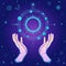 Mystical drawing: human hand holds the universe.Human hands hold a stylized solar system, cosmic symbols, phase of the moon.