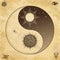 Mystical drawing: Stylized sun and moon, day and night, cosmic dualism. Zen symbol.