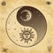 Mystical drawing: Stylized sun and moon with human face, day and night. Zen symbol.