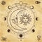 Mystical drawing: sun and moon with human faces, circle of a phase of the moon.