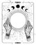 Mystical drawing tarot with copy space, magic ball for text. Female hands hold an empty round frame, sketch. Mystical