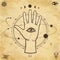 Mystical drawing: tattoo human hand holds the universe.