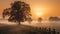 Mystical Dusk - Sunsets, Fog, and the Solitary Tree in the Enchanting Field. Generative AI