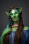 Mystical enchantress elf with green skin against grey background