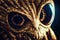 Mystical extraterrestrial. The enigmatic eyes of an owl-like alien visitor. AI-generated