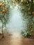 Mystical fairy abstract background of nature, fabulous fog smoke mist in orchard. Fantasy path, way, dirt road in citrus