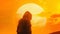 Mystical Figure Overlooking a Desert Planet at Sunset. Generative ai