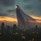 Mystical flight ghost sheet soars in dusk sky, city lights