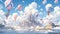 A mystical floating city in the clouds, with colorful hot air balloons floating by manga cartoon style by AI generated