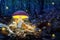 Mystical fly agarics glow in a mysterious dark forest. Fairytale background for Halloween