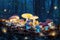 Mystical fly agarics glow in a mysterious dark forest. Fairytale background for Halloween