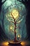 The Mystical Forest: Jars Encasing Trees with Alchemical Symbols and Illuminated Candles. AI generated