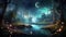 Mystical forest landscape with glowing flora, serene water, and floating orbs under a starry sky