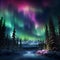 Mystical Forest Landscape at Night with Northern Lights