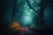 Mystical forest landscape with trees. Generative AI