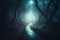 Mystical forest landscape with trees. Generative AI