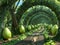 Mystical Forest Pathway With Enchanted Large Green Fruits and Lush Arches in a Fantasy Landscape