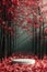 Mystical Forest with Red Foliage and Central White Podium in Dreamlike Ambiance