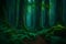 A mystical forest with towering, ancient trees and fireflies