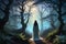 : A Mystical Forest at Twilight: A Single Ethereal Figure Emerges from the Mist, Clad in Flowing Robes