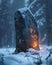 Mystical glowing runes on a stone in a snowy forest