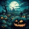 Mystical Halloween Haven: Pumpkins in a Swampy Landscape with Moon and Twisted Trees Illuminate the Night AI generated