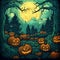 Mystical Halloween Haven: Pumpkins in a Swampy Landscape with Moon and Twisted Trees Illuminate the Night AI generated