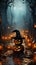 A mystical Halloween night scene with enchanted pumpkins under a moonlit sky. AI generation