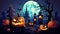 Mystical Halloween Night Sky with Moon, Bats, lantern, and pumpkins