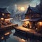 Mystical Harbor Nights: Game Art of a Foggy Cityscape with Market and Port Houses