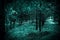 Mystical horror scary garret background to halloween. Old dense forest in darkness in a mysterious paranormal spooky blue green