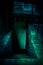 Mystical horror staircase and door to a dark basement in an old decrepit scary abandoned house with paranormal blue green light