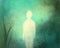 Mystical illustration of the soul, ghost, spirit. White translucent white silhouette against a mystical background of green shades