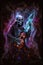 mystical image of a skeleton playing a guitar, an anthropomorphic image of death in a glowing nebula