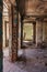 Mystical interior, ruins of an abandoned ruined building of house of culture, theater of USSR. Old destroyed walls, corridor with