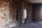 Mystical interior, ruins of an abandoned ruined building of house of culture, theater of USSR. Old destroyed walls, corridor with