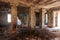 Mystical interior, ruins of an abandoned ruined building of house of culture, theater of USSR. Old destroyed walls, corridor with