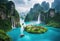 A mystical land of floating islands and waterfalls